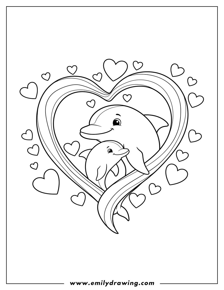 Clean line drawing: smiling Mother and Baby Dolphin cuddling within a big heart frame, surrounded by love hearts