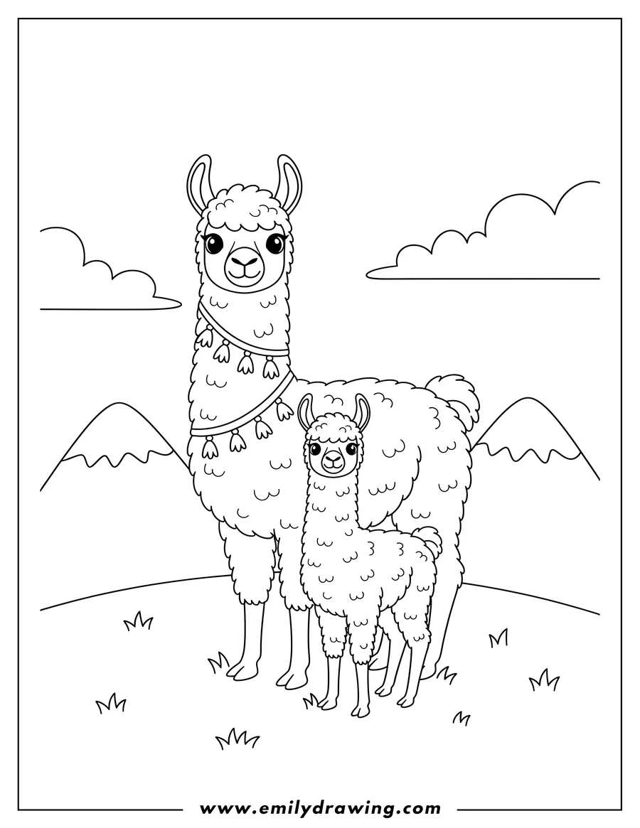 Simple sketch of [Scene]: Mother and baby llama standing together, looking forward, coloring page to color