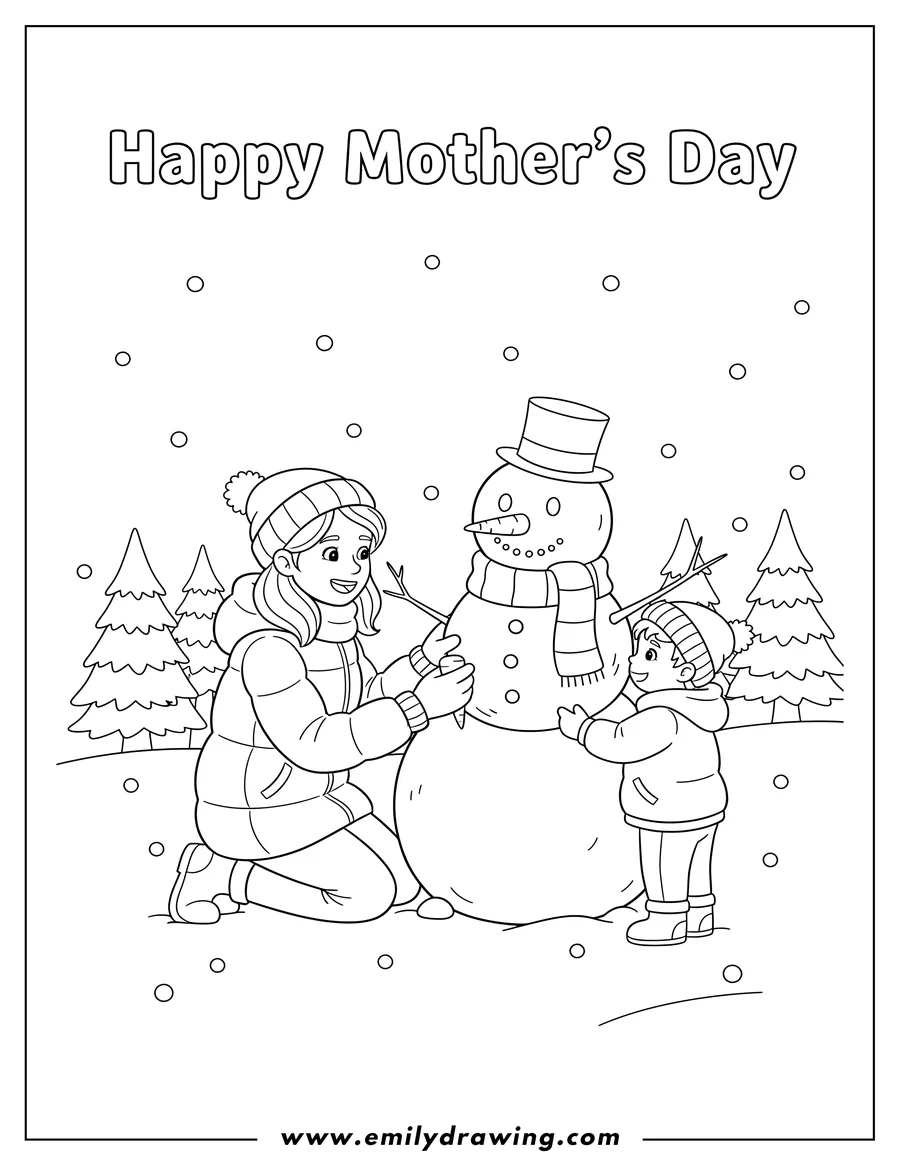 Clean line drawing: mother kneeling and son standing in winter clothes decorating a snowman, Happy Mother's Day
