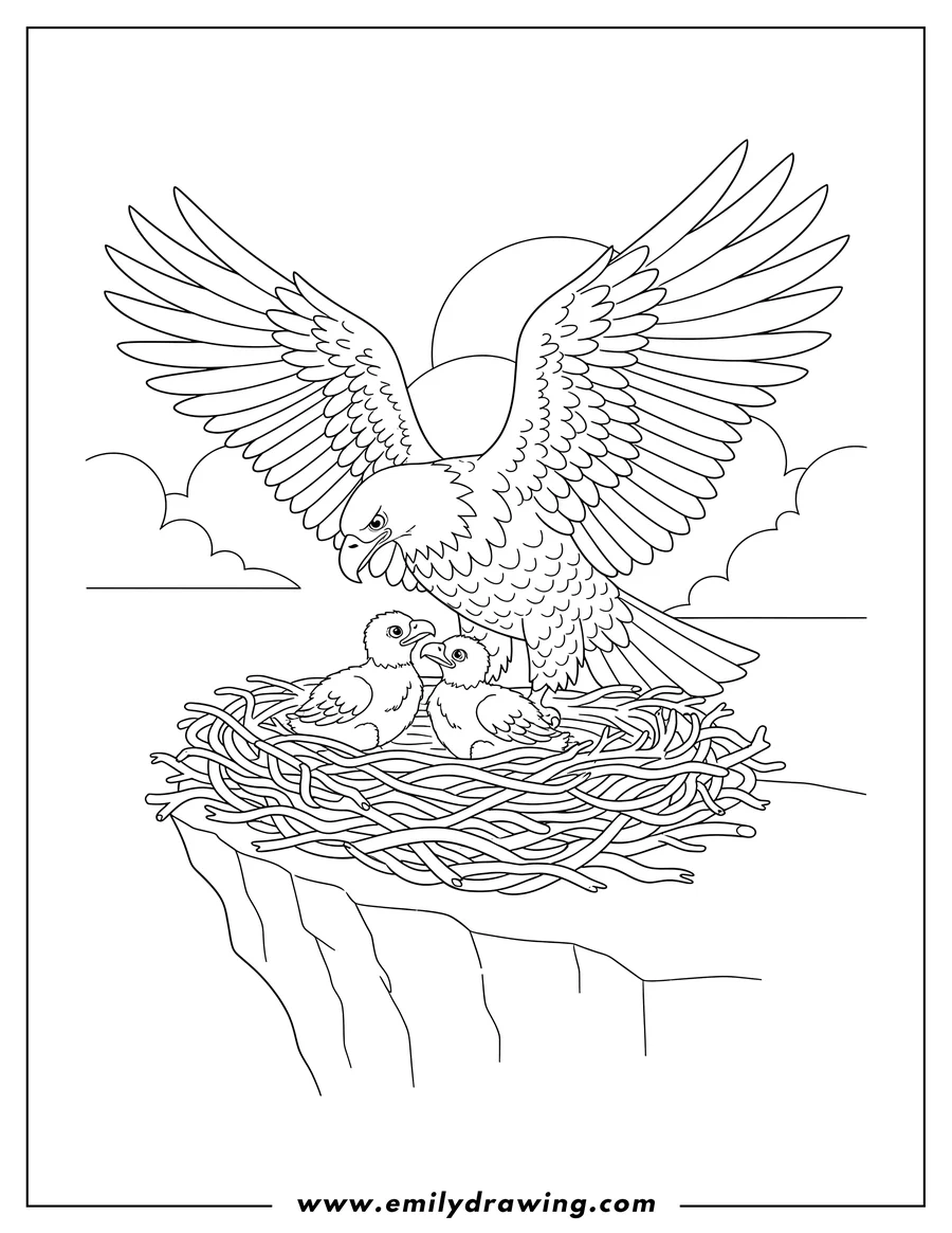 PDF style coloring page: mother Bald Eagle looking over her two eaglets sitting side-by-side