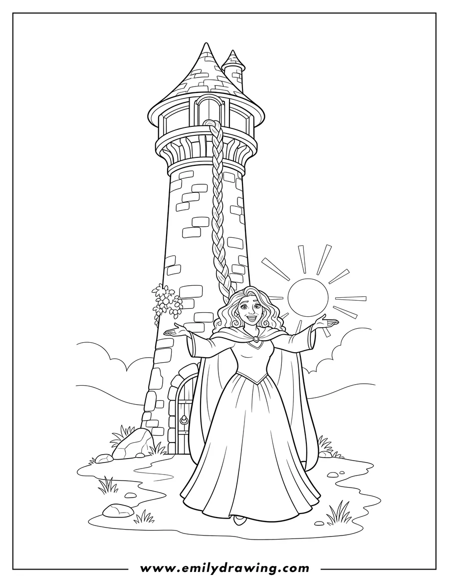 Free to print drawing of mother Gothel Standing Outside Rapunzel S Tower with outstretched arms and a wide smile