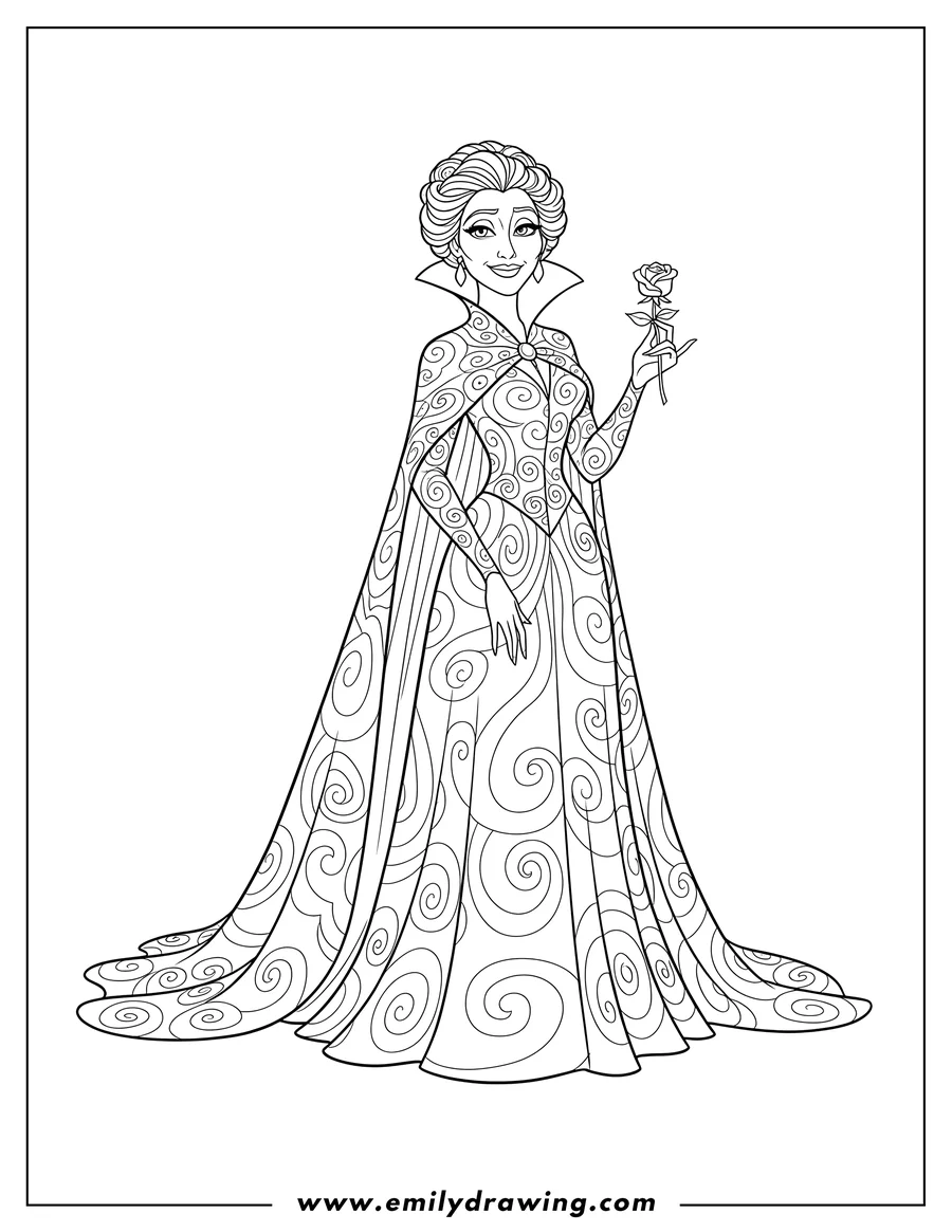 Coloring page of mother Gothel standing in her long dress and cape, with a slight smile