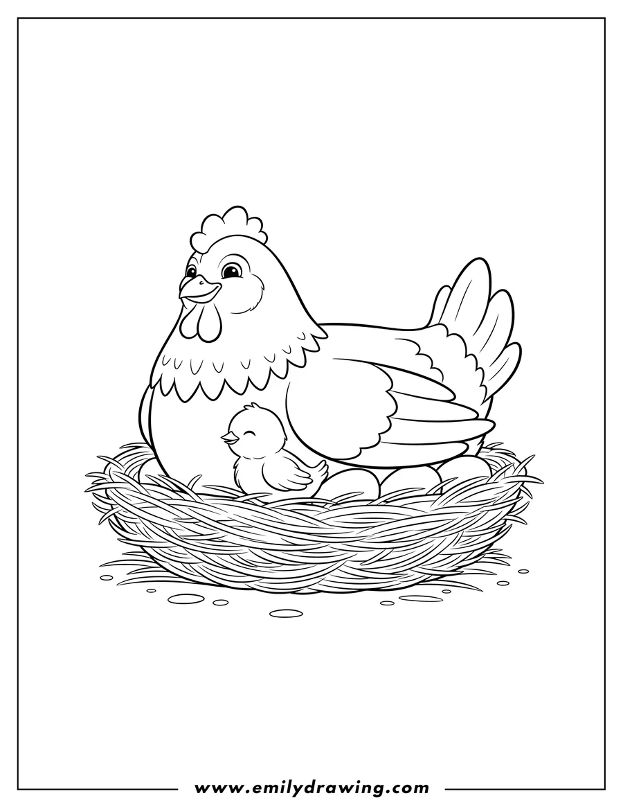 Downloadable coloring page of mother Hen and Baby Chick snuggled together in a nest, for preschoolers
