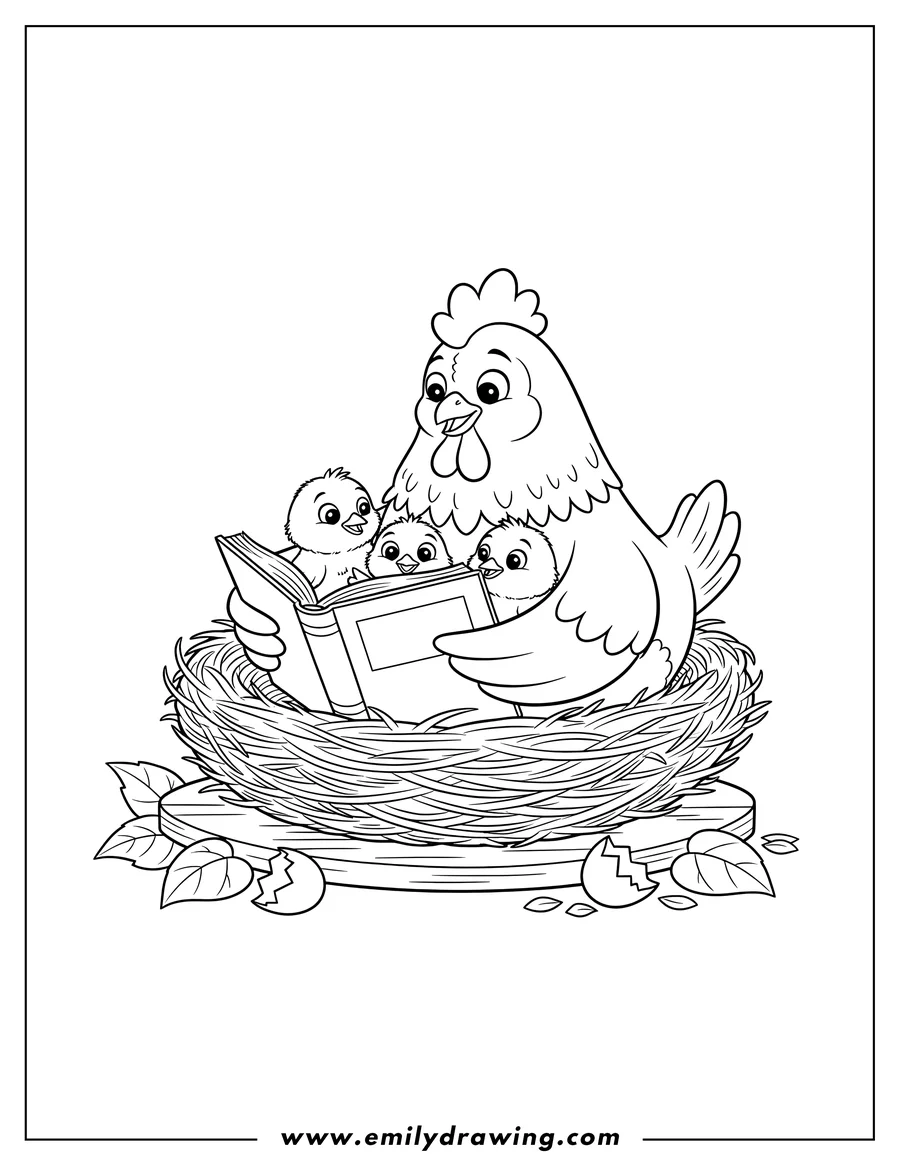 Clean line drawing: mother Hen Reading an Open Book to Her Chicks in a Nest