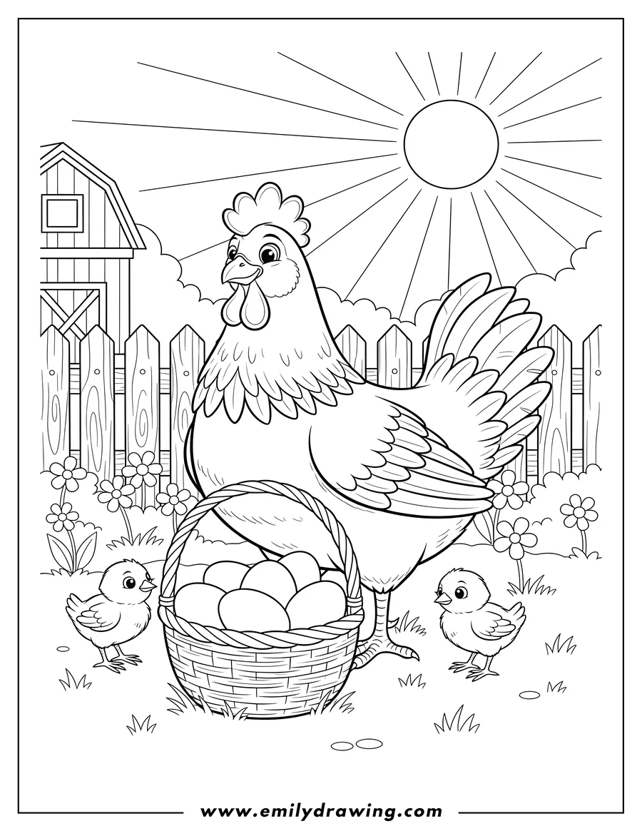 Black and white line art of mother Hen standing with two chicks gathered around a basket of eggs in a sunny backyard