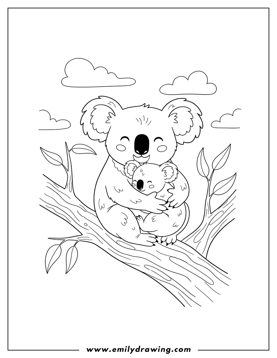 Downloadable coloring page of mother Koala hugging baby snuggled in her arms on a tree