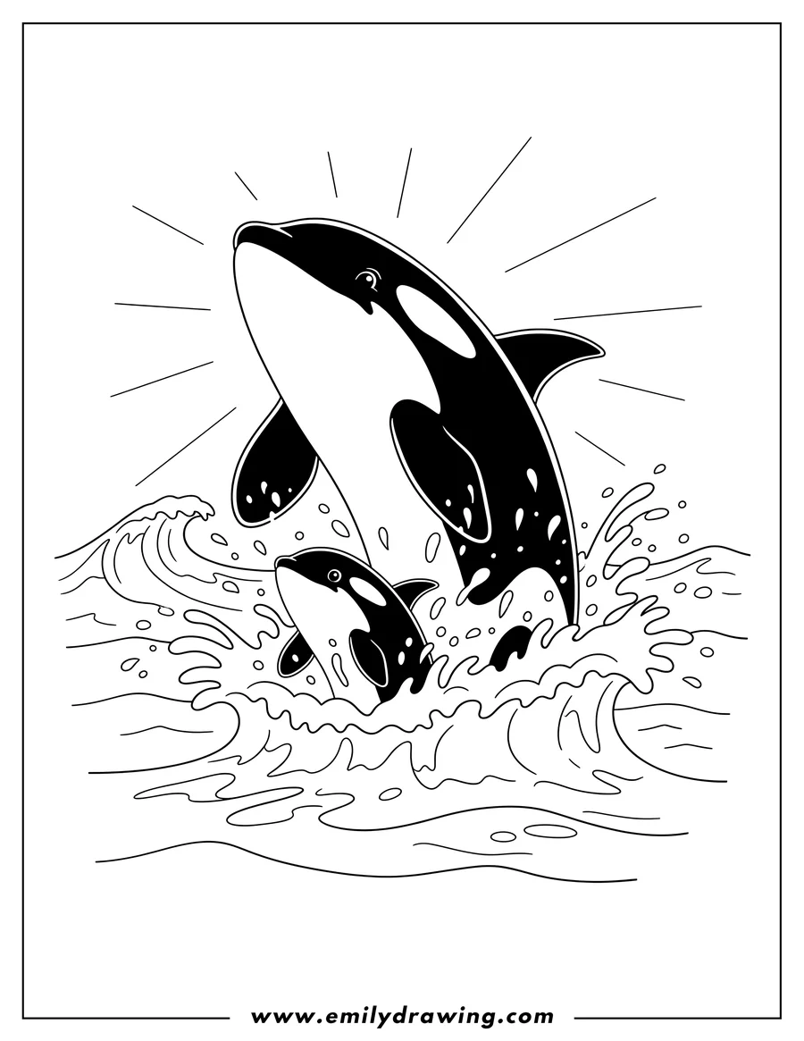 Simple sketch of mother Orca and Baby Orca Breaching, with the mother arching and the baby peeking out of splashing water to color