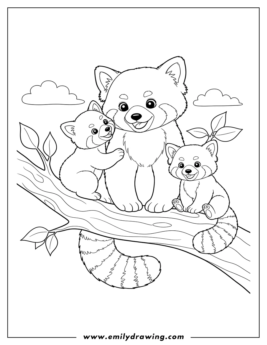 PDF style coloring page: mother Red Panda With Her Two Cubs, all sitting and smiling on a branch