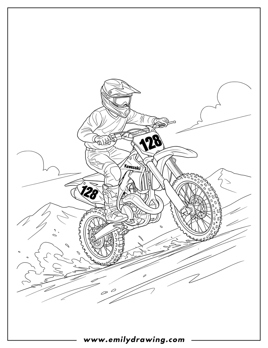 Coloring page of motocross rider leaning forward on a Kawasaki dirt bike with number 128 downhill