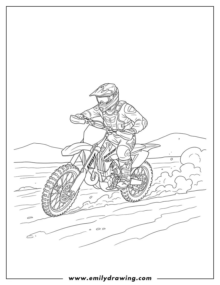 Printable line art of motocross rider in full gear on a Dunlop dirt bike, leaning while riding