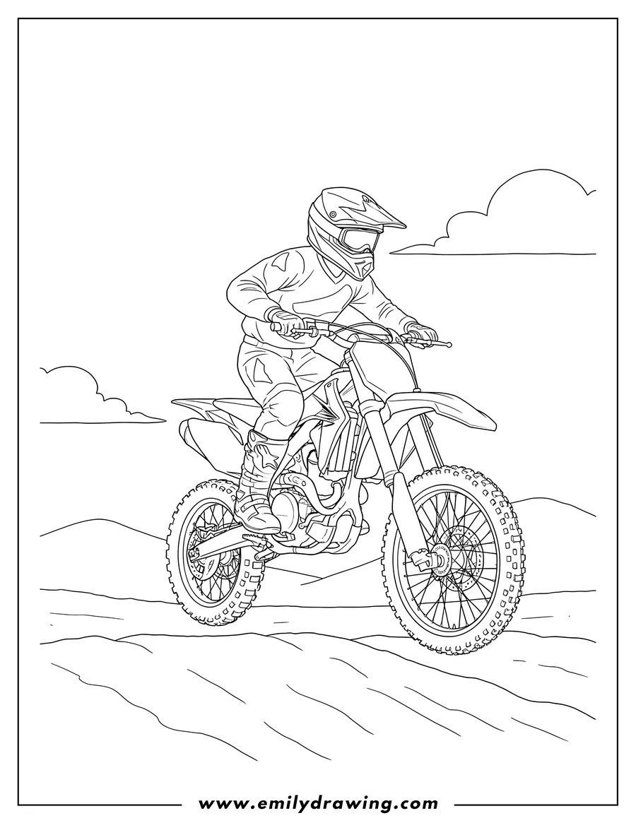 High quality printable motocross Rider On Honda Dirt Bike, wearing a helmet, in a dynamic riding pose for coloring
