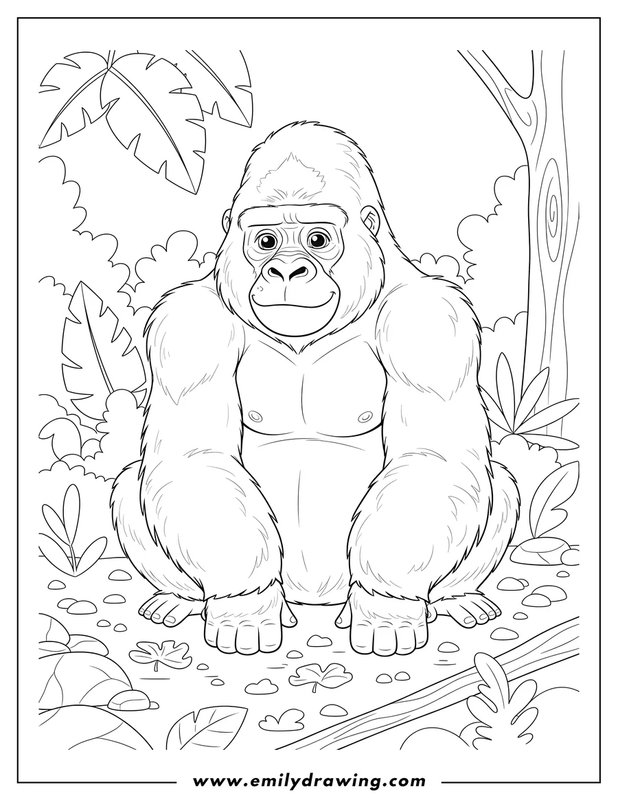 Linear illustration of mountain Gorilla Sitting On Forest Floor with hands on the ground