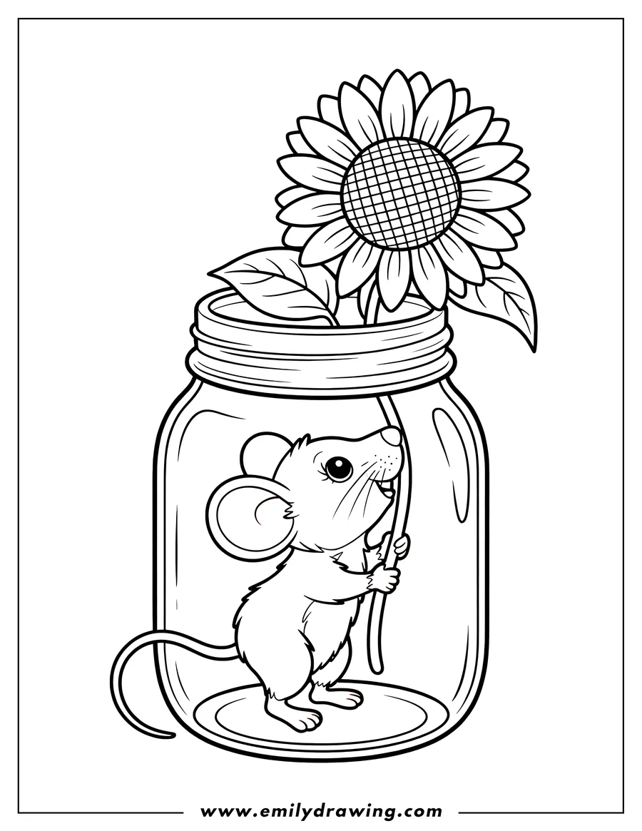 Outline of a cute mouse standing inside a glass jar, holding onto a plant stem. A large sunflower with leaves is placed on top of the jar, creating a charming terrarium scene.
