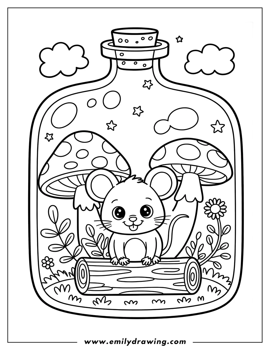 Outline of a cheerful mouse sitting on a wooden log inside a glass bottle terrarium, surrounded by mushrooms, plants, and floating stars.