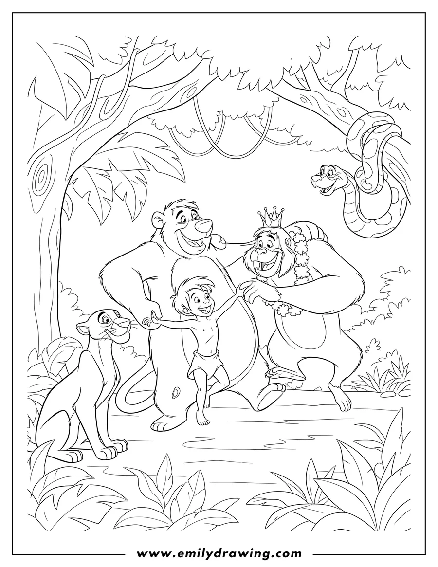 Coloring sheet featuring jungle Book Movies: Mowgli, Baloo, and King Louie dancing happily, with Bagheera and Kaa