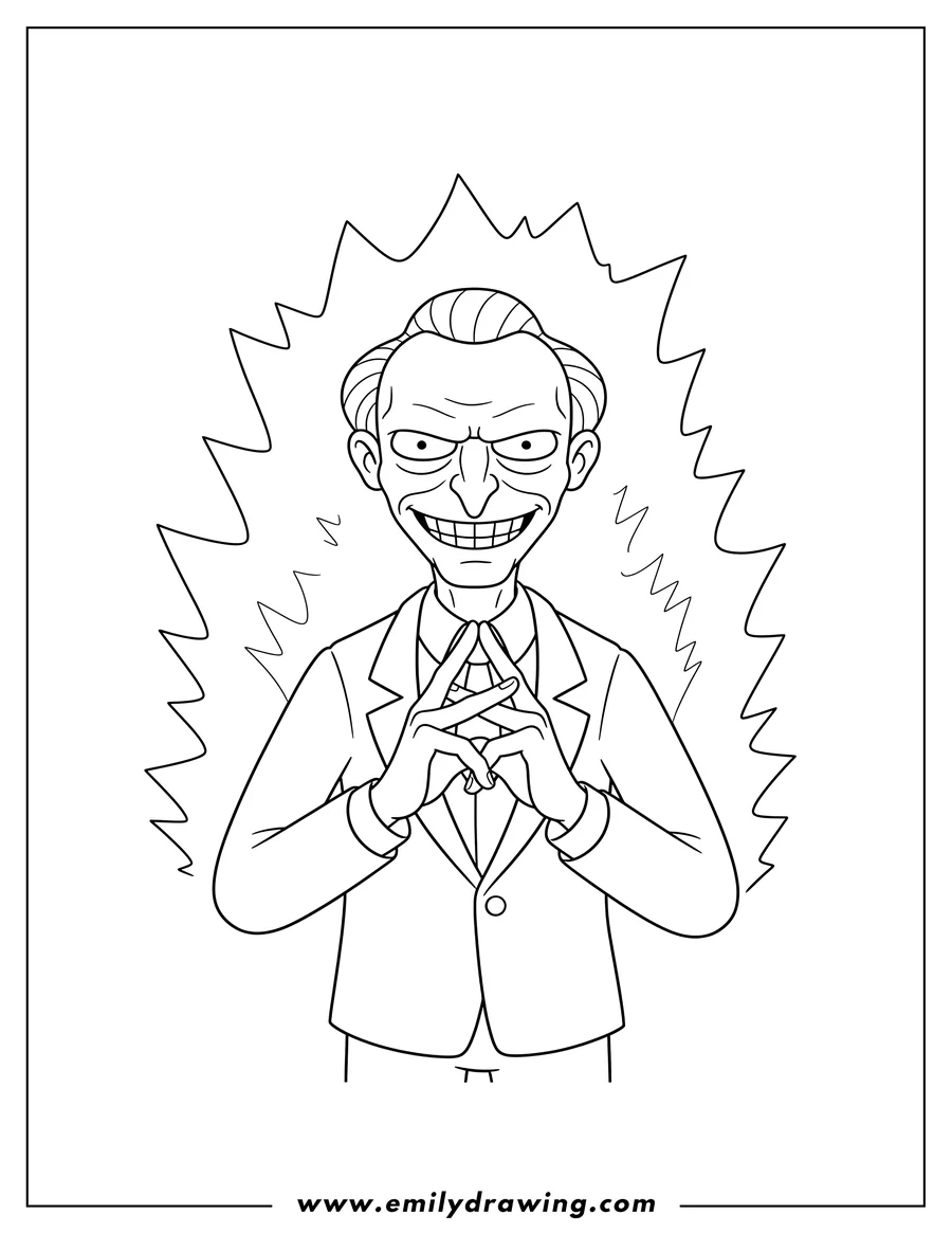 Linear illustration of evil Mr Burns with hands clasped