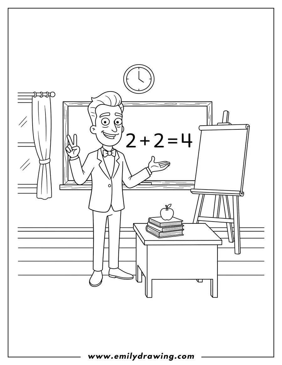Downloadable coloring page of mr. Goldenfold teaching math at a blackboard, holding up two fingers