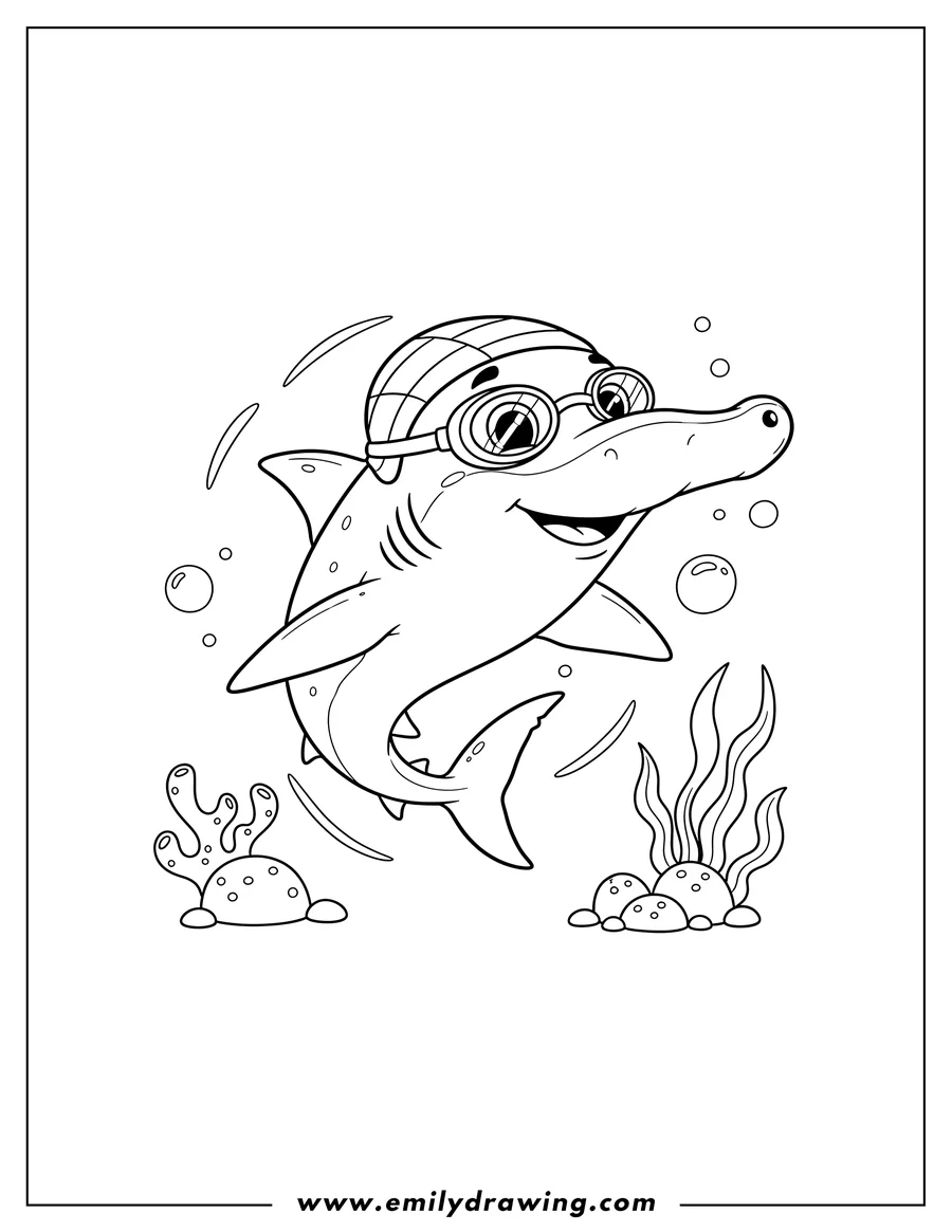 Printable coloring page of mr. Hammerhead swimming