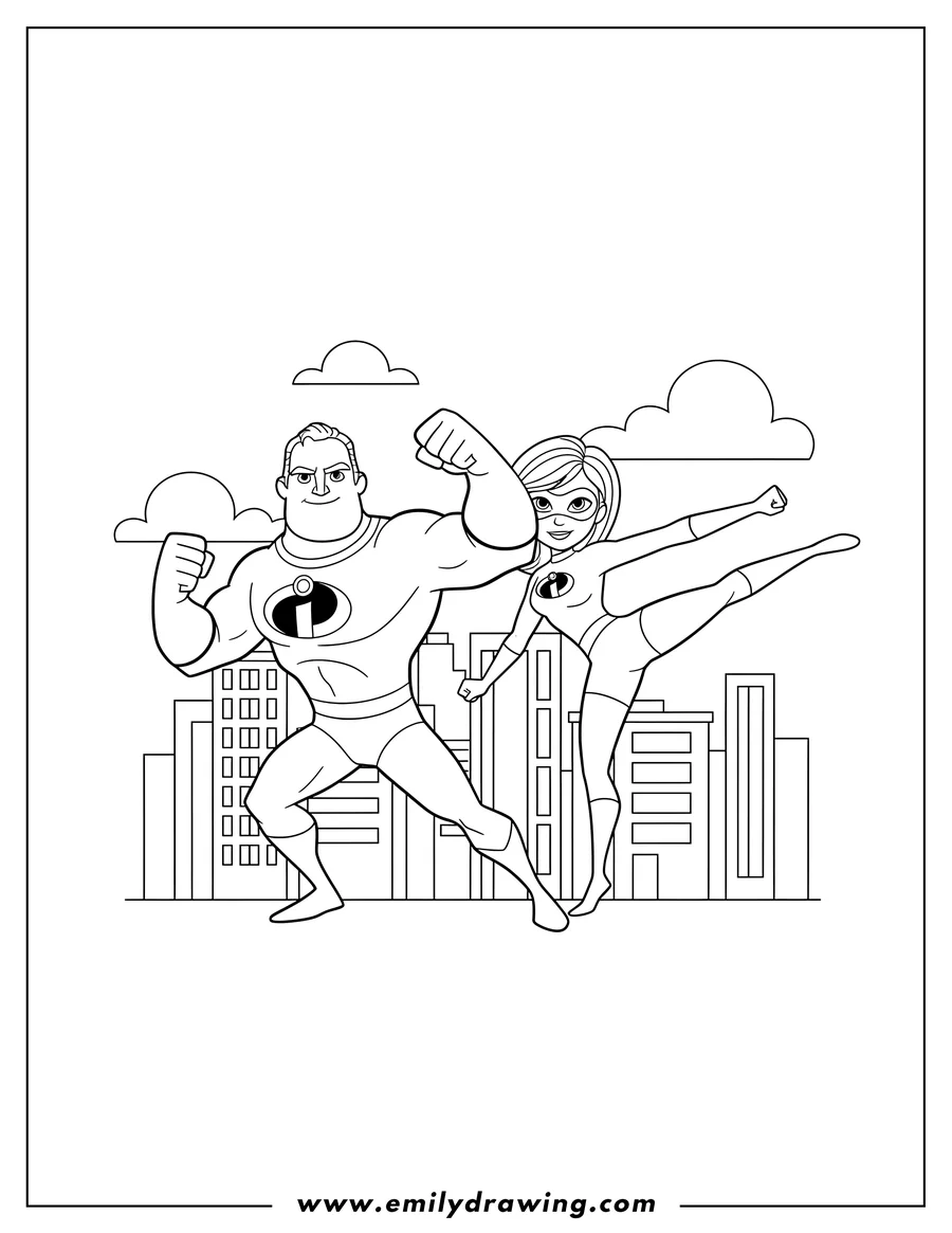 Simple sketch of easy Mr. Incredible and Elastigirl in fighting stances in the city to color