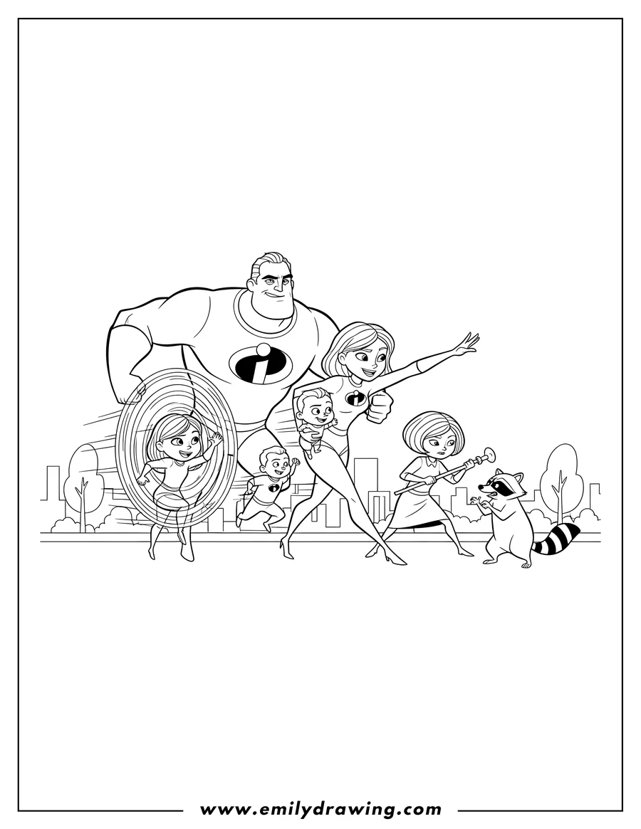 Linear illustration of mr. Incredible, Elastigirl, Violet, Dash, and Jack-Jack running, with Violet using her force field, and Edna Mode battling a raccoon