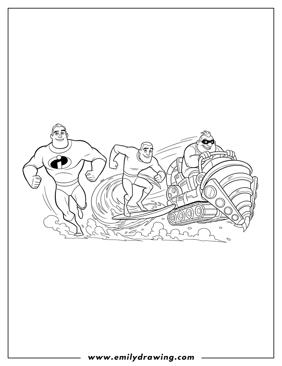 PDF style coloring page: mr. Incredible Frozone And Underminer running, ice-surfing, and with a drill