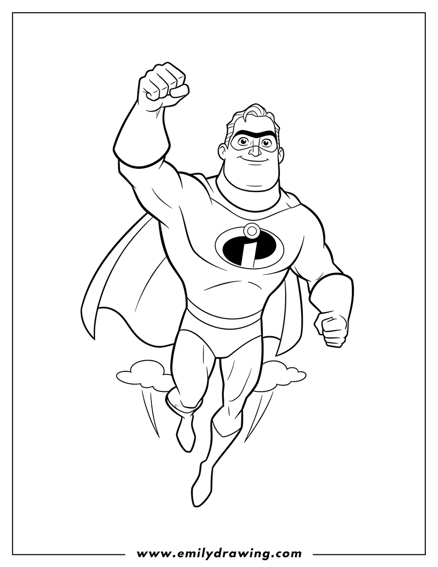 Coloring page of mr. Incredibles Outline Preschoolers flying with a raised fist