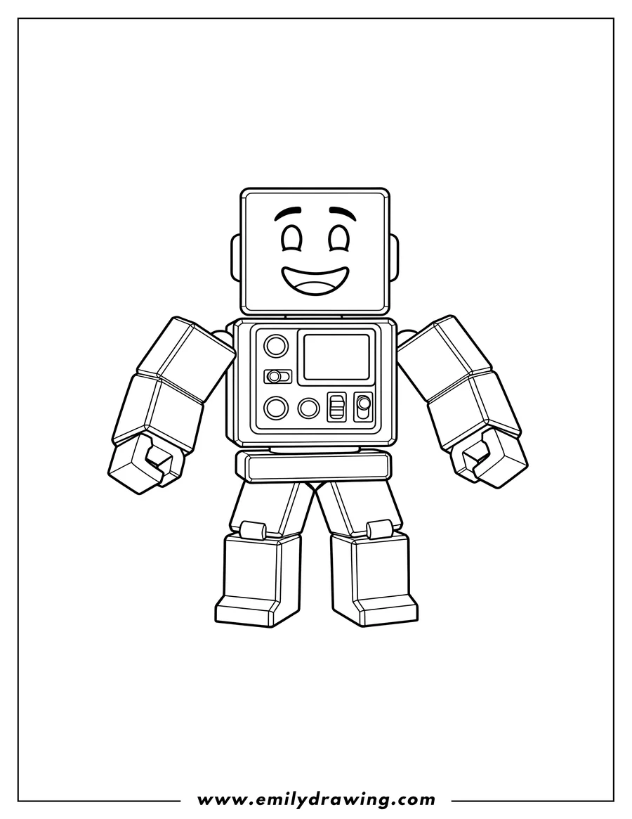 PDF style coloring page: mr Robot Roblox with a smiley face, standing with a control panel on his chest