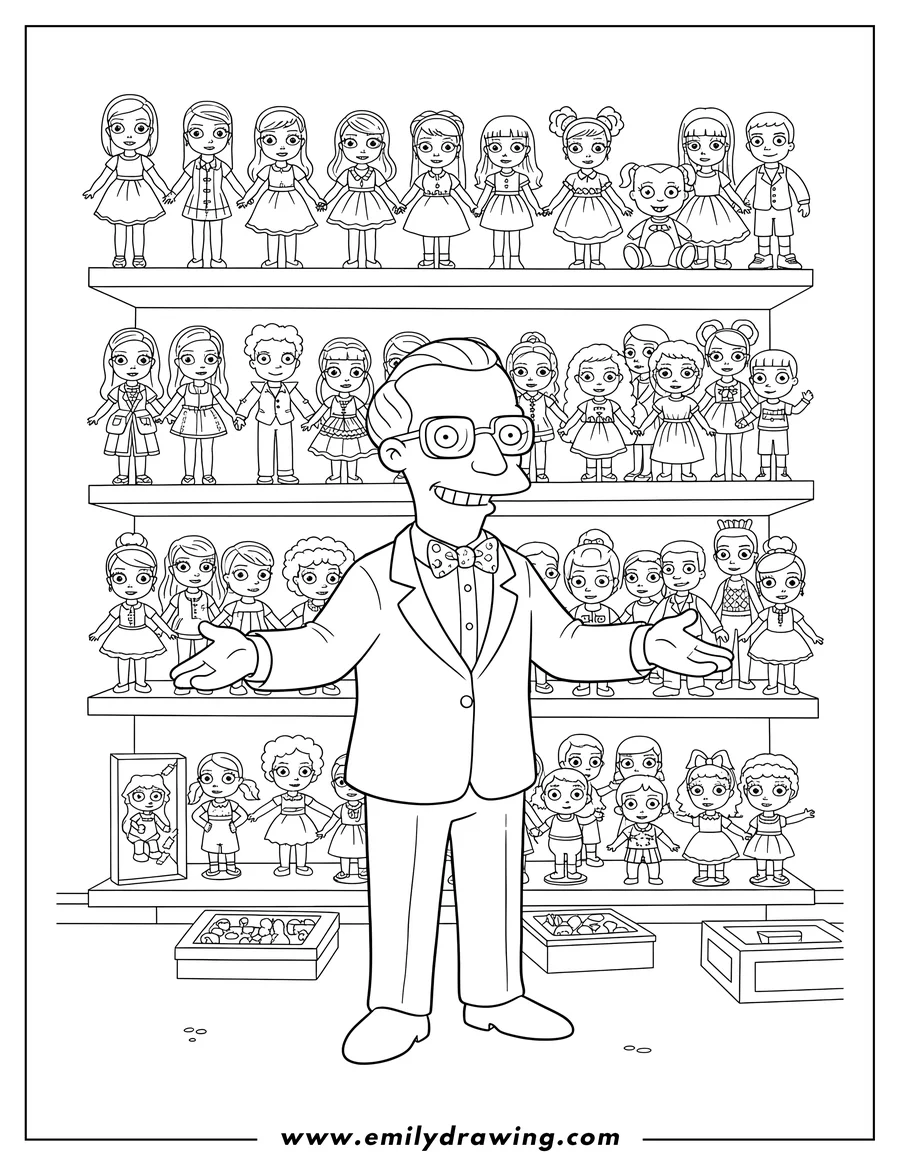 High quality printable mr Smithers Front His Doll Collection, smiling, wearing glasses and a bow tie for coloring