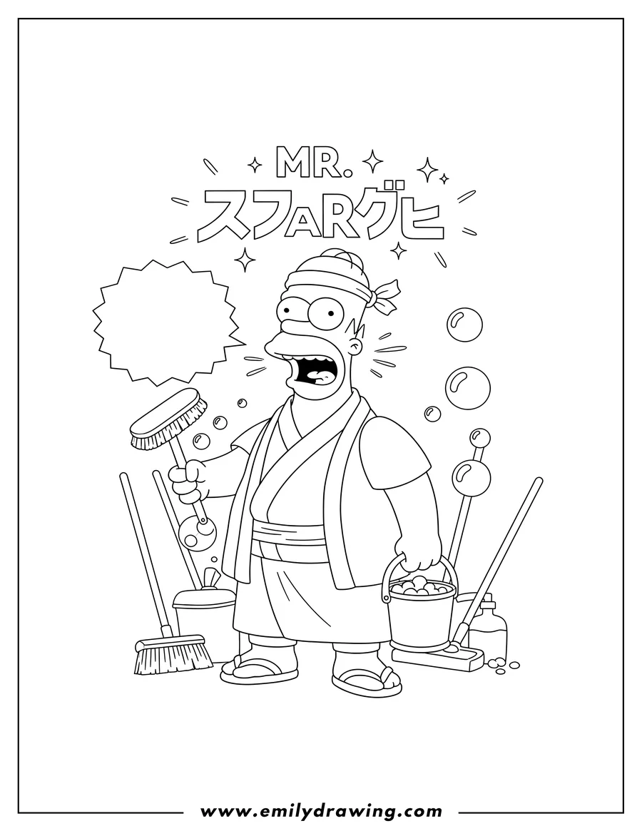 Coloring sheet featuring japanese Homer Cleaning Commercial To Color Scaled, featuring Homer Simpson wide-mouthed and shouting, with the 'Mr. Sparkle' text above his head and a speech bubble containing Japanese text