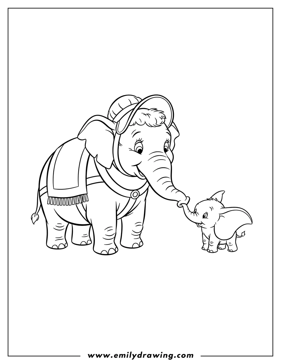 Doodle style coloring picture of simple Mrs. Jumbo in a bonnet and harness, touching trunks with Baby Dumbo Outline