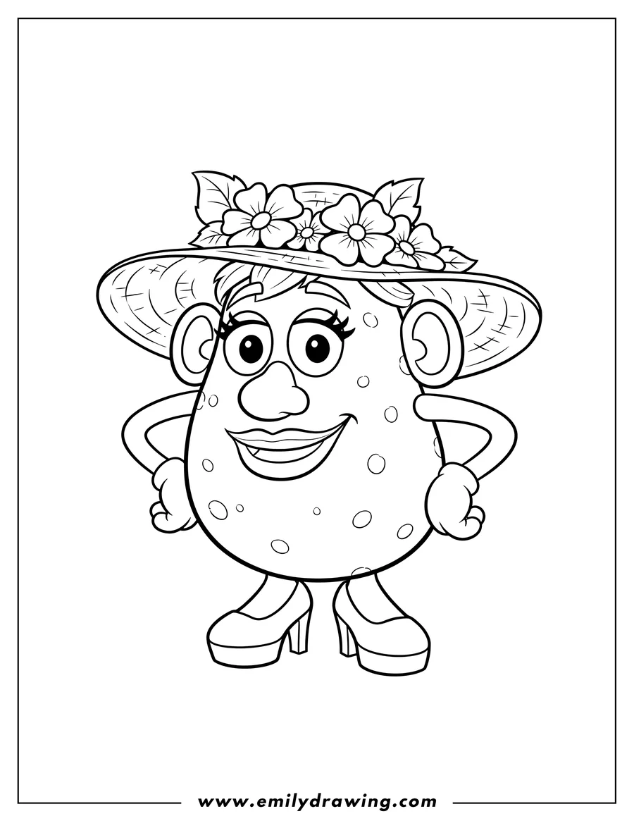 Coloring page for kids: mrs. Potato Head wearing a flower hat, high-heeled shoes, and with hands on her hips