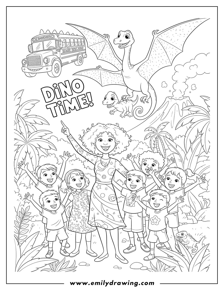 Simple sketch of ms. Frizzle and her class excitedly watching a pterodactyl carrying a baby dinosaur, with the 'Dino Time!' Magic School Bus to color