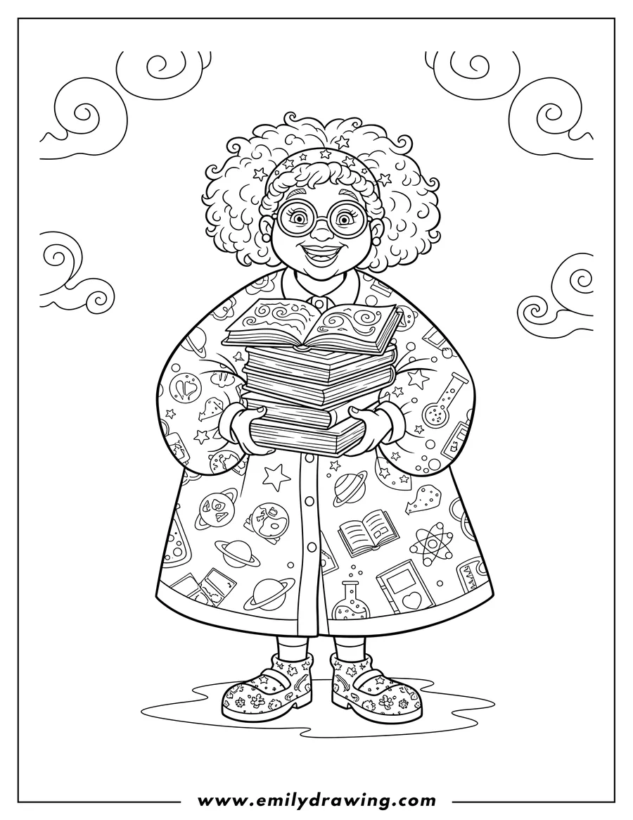 Linear illustration of ms. Valerie Frizzle smiling and holding books