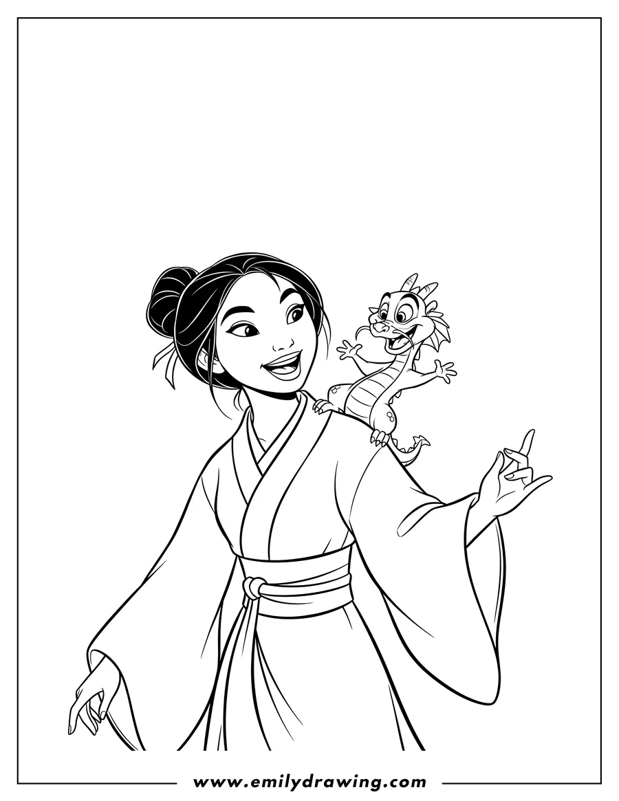High quality printable mulan and Mushu smiling at each other for coloring