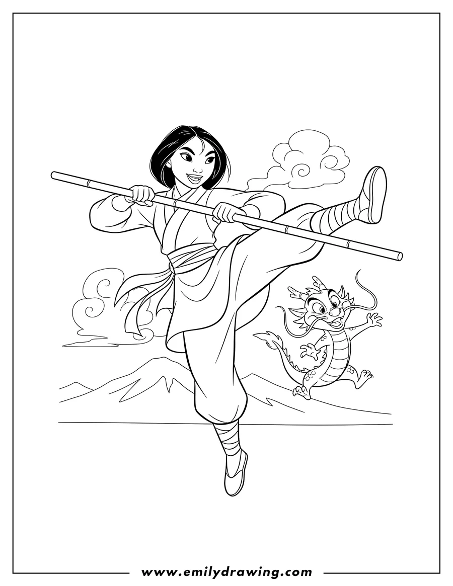 Vector style outline of mulan Flying Kick With Bamboo Stick, smiling, with Mushu
