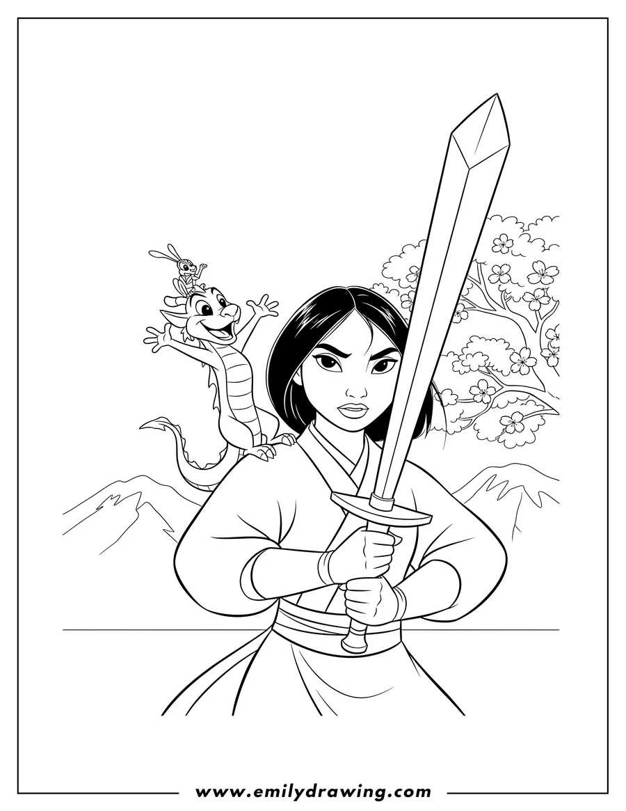 Printable line art of mulan Movies, Mulan holding a sword with Mushu and Cri-Kee