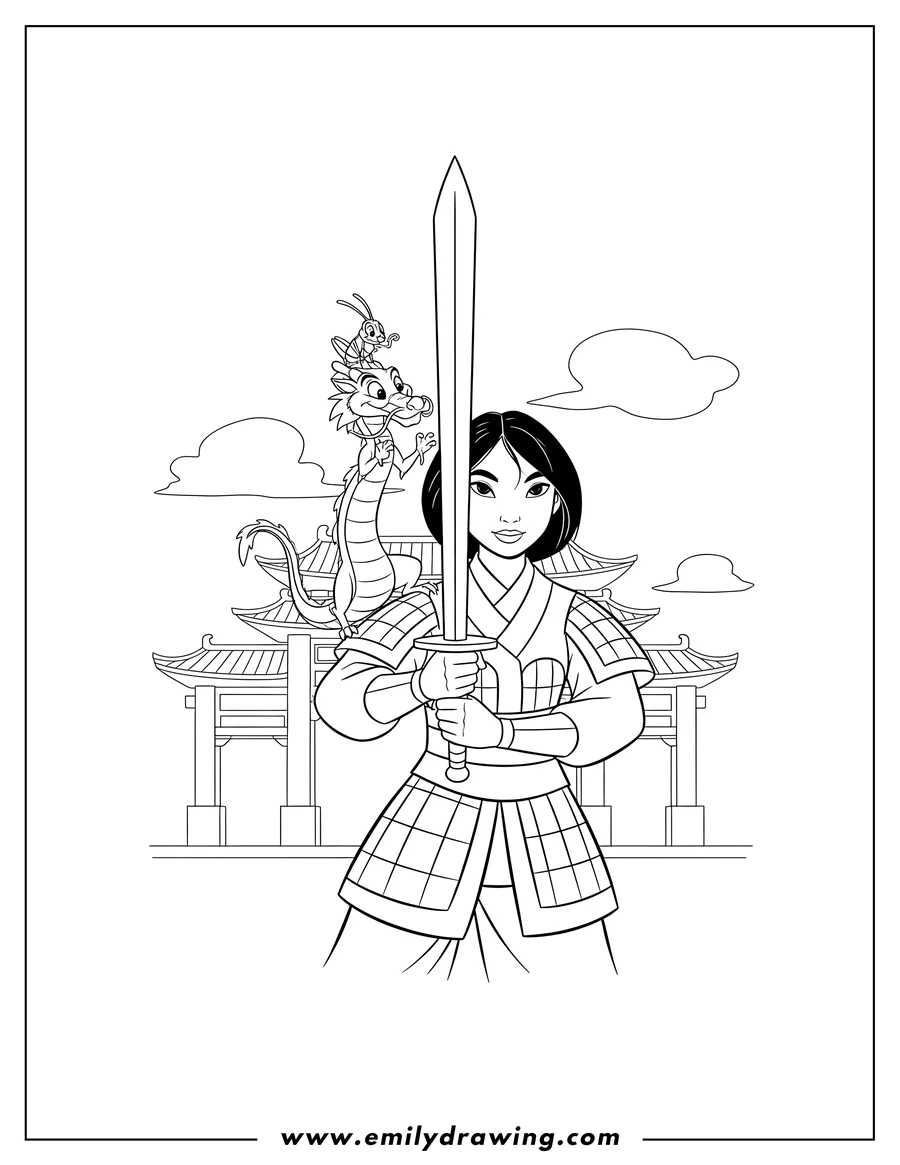 Coloring page for kids: mulan holding her father's sword upright with Mushu and Cri-Kee to color