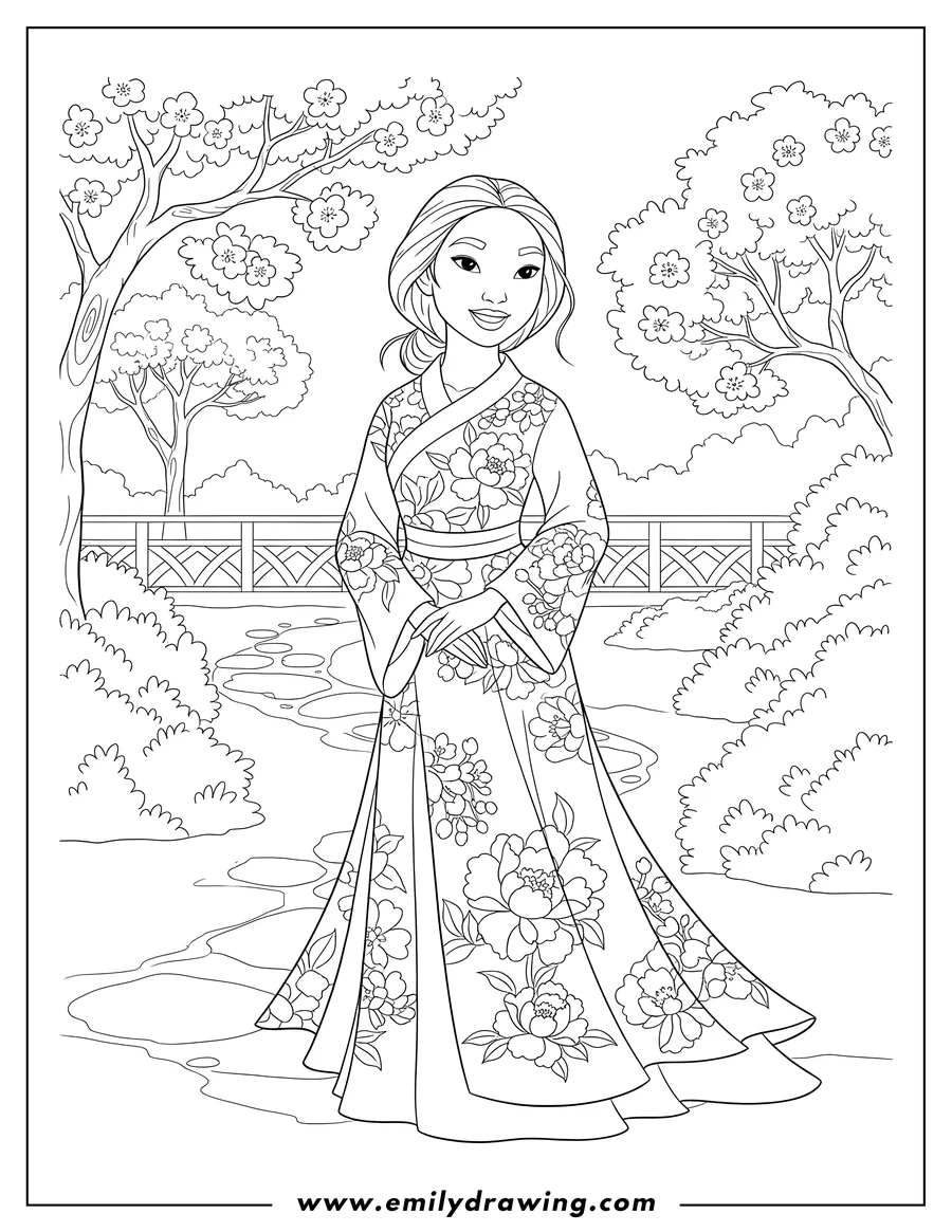 Black and white line art of mulan smiling and wearing a floral dress in her garden