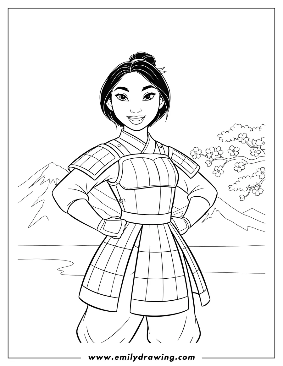 Simple sketch of mulan wearing armor, smiling with hands on her hips to color