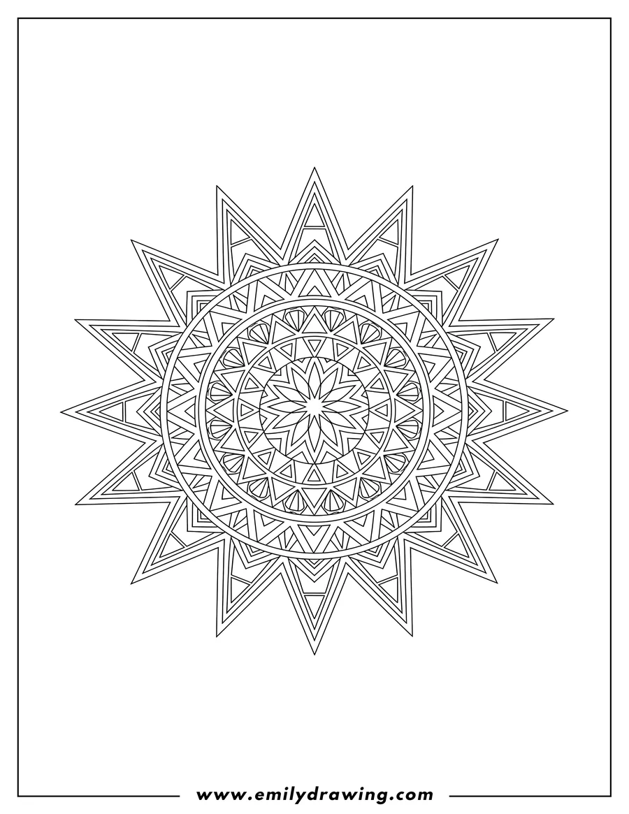 Printable line art of multi-pointed star mandala with intricate geometric design, coloring page