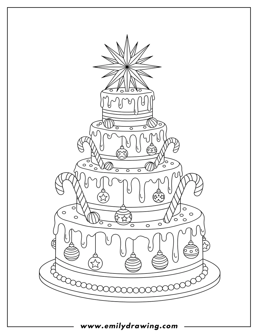 Free to print drawing of multi Tiered Christmas Cake decorated with candy canes, dripped frosting, baubles, and a star on top