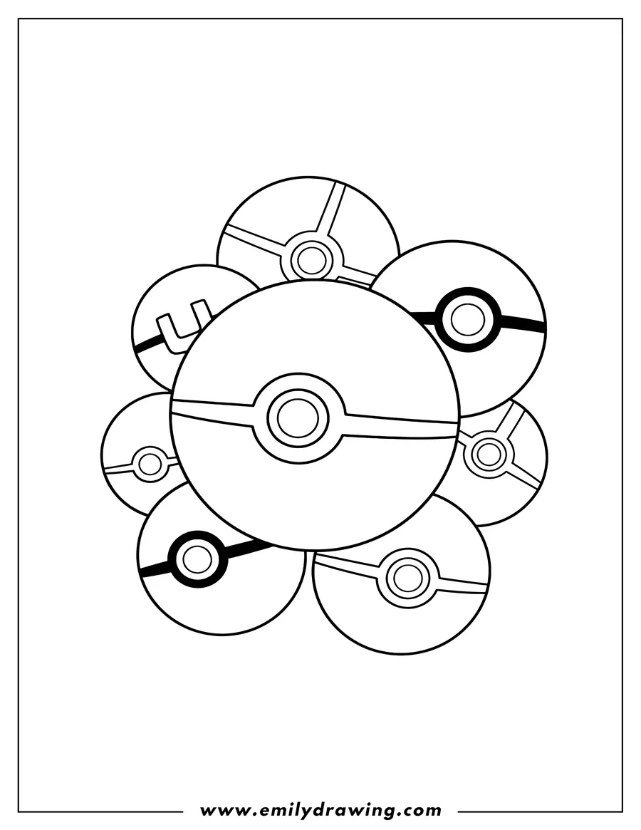 Printable line art of multiple overlapping Normal Poke Balls, Ultra Balls, and Great Balls
