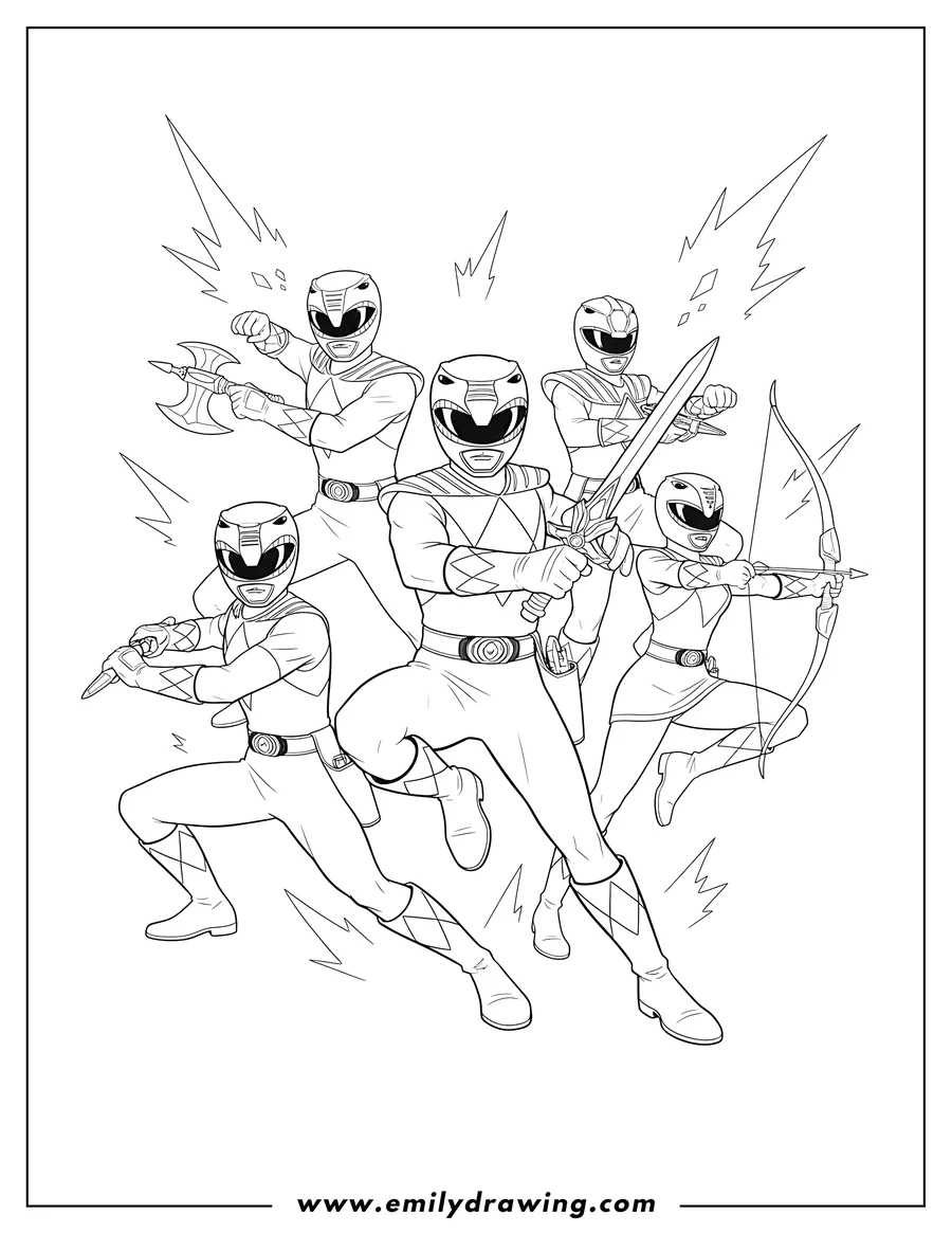 Doodle style coloring picture of multiple Power Rangers in action poses with weapons