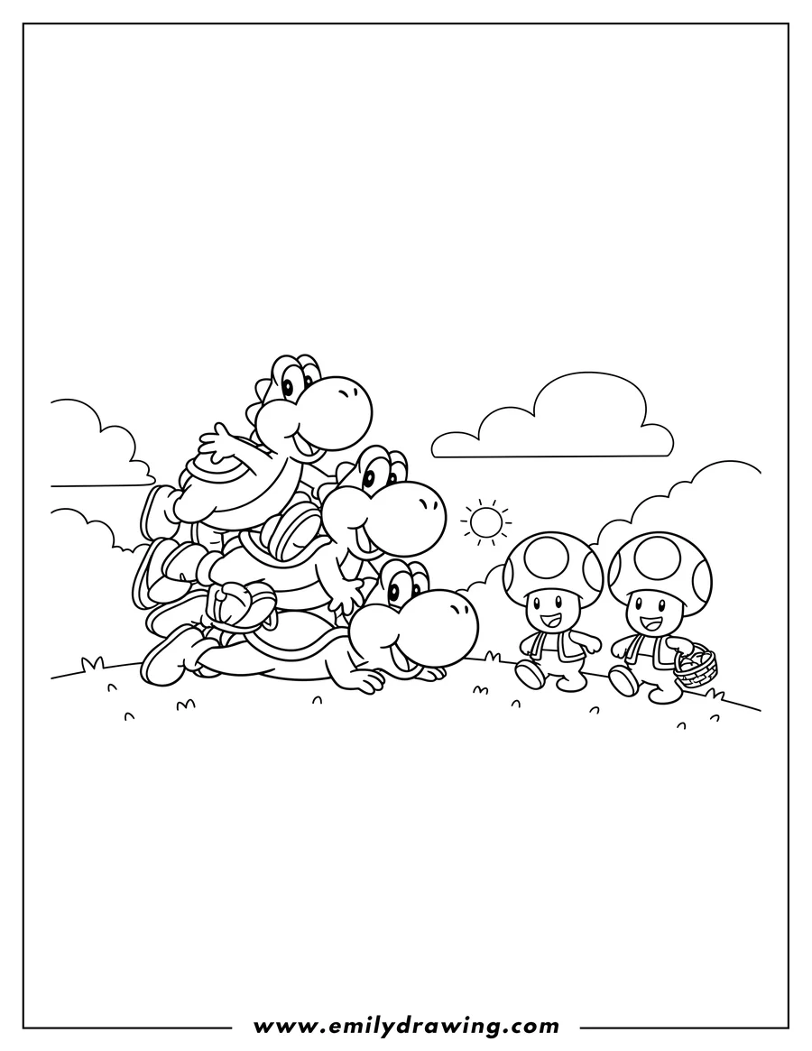 Black and white line art of multiple Yoshi Dragons forming a playful pile, with two Toads walking nearby