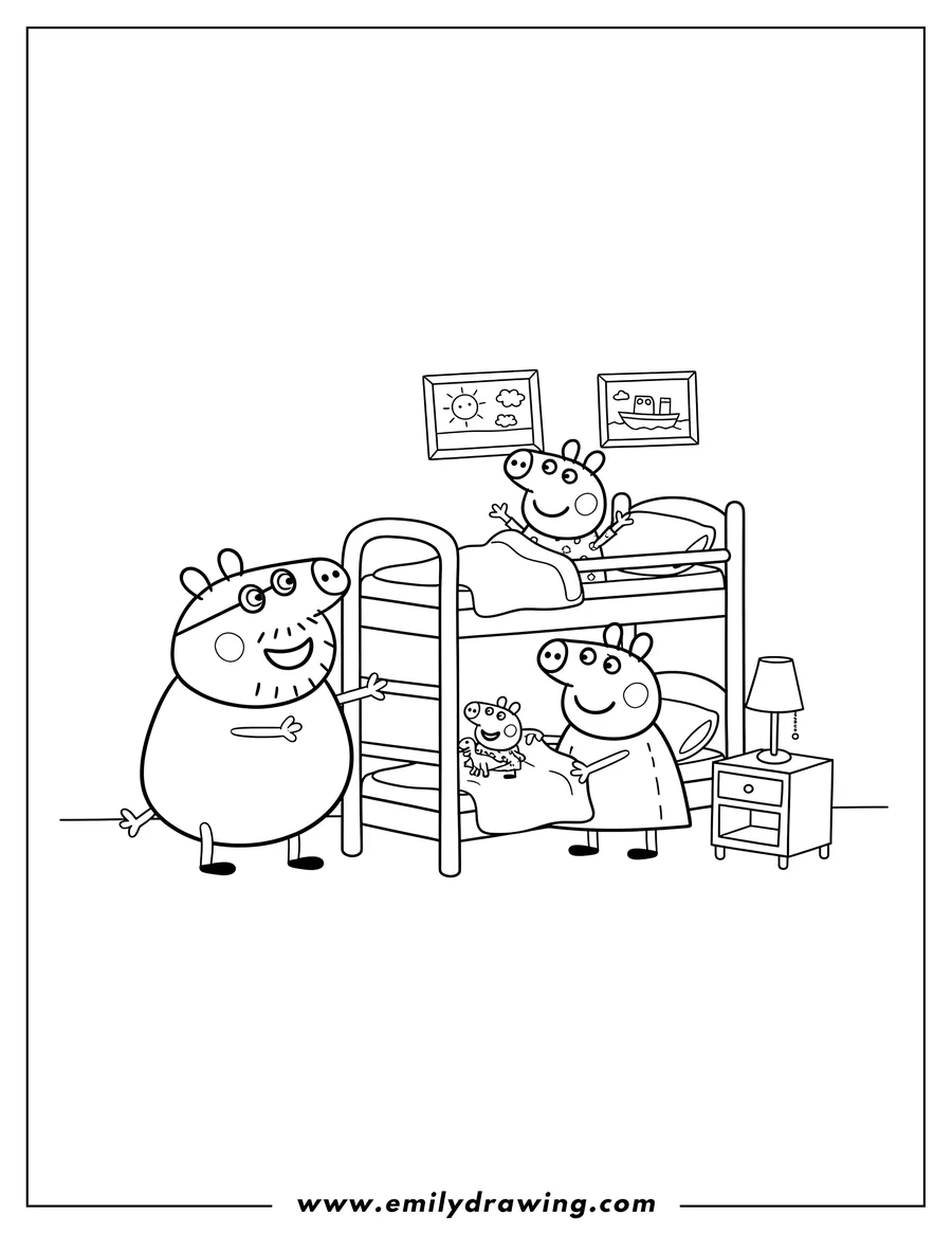 Black and white line art of mummy and Daddy Pig tucking Peppa and George into their bunk beds