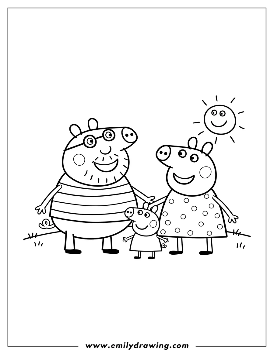 Vector style outline of mummy And Daddy Pig With Peppa And George Scaled, standing and smiling