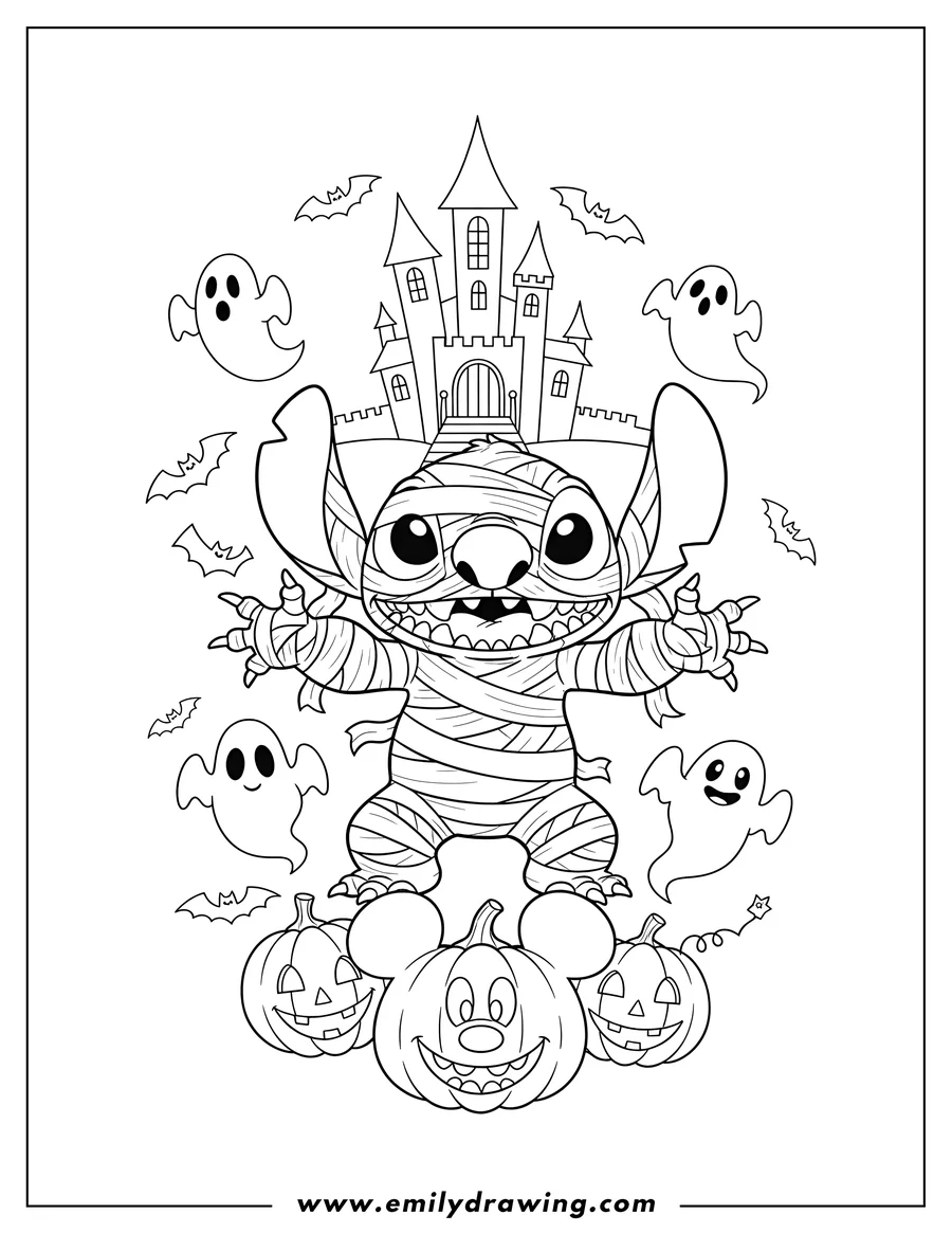 Clean line drawing: mummy Stitch smiling widely with outstretched arms, ghosts, bats, pumpkins, a Mickey pumpkin, and a haunted castle