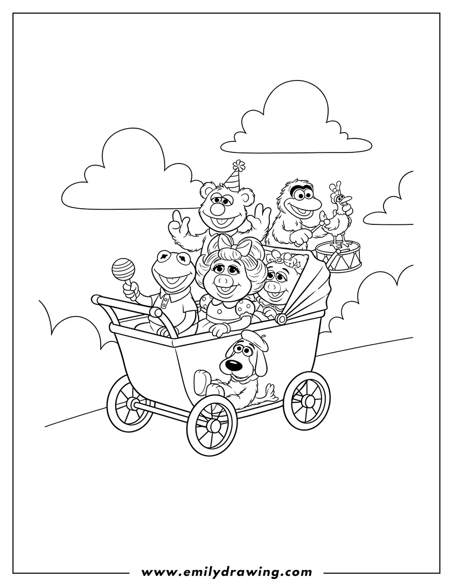 Outline drawing of muppet Babies Kermit, Miss Piggy, Fozzie, Gonzo, Animal, Rowlf, and Beaker riding in a stroller