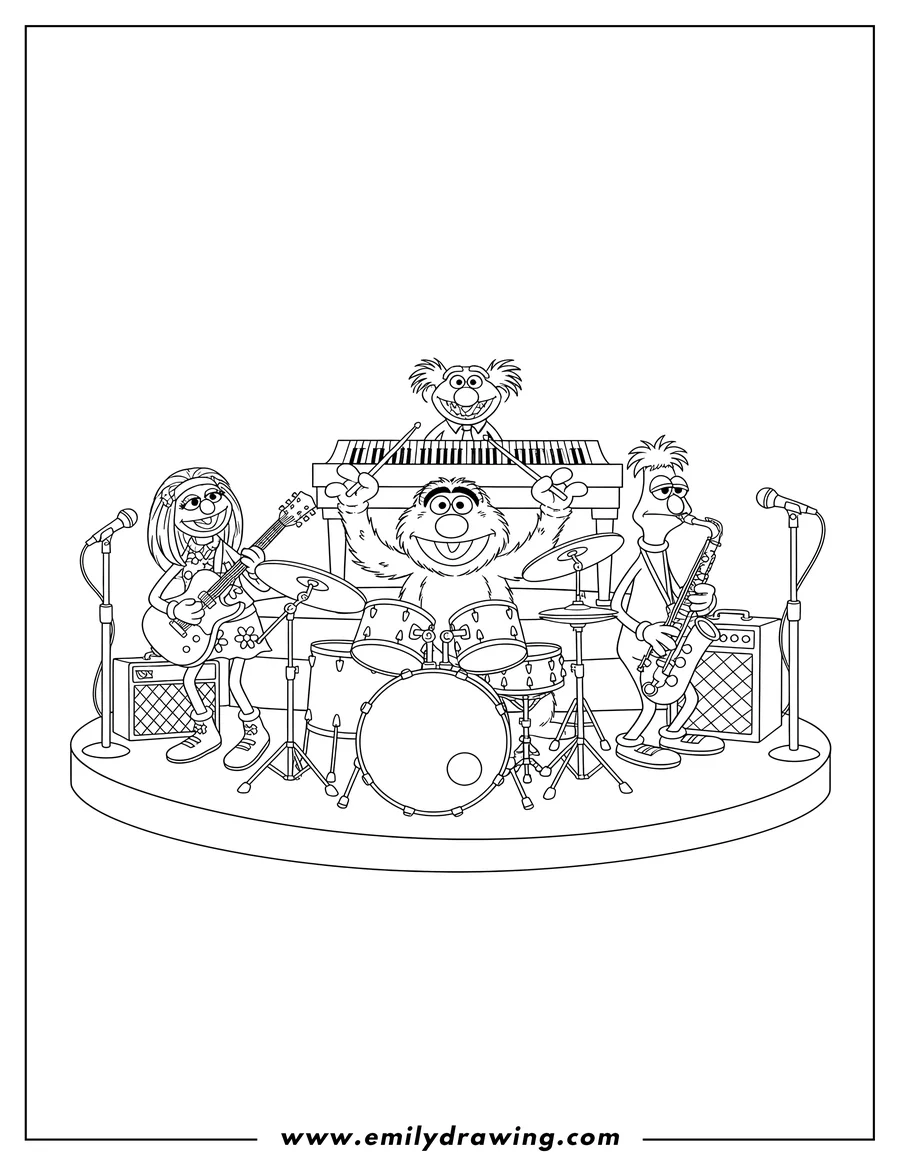 Printable coloring page of muppets band playing electric guitar, saxophones, and drums
