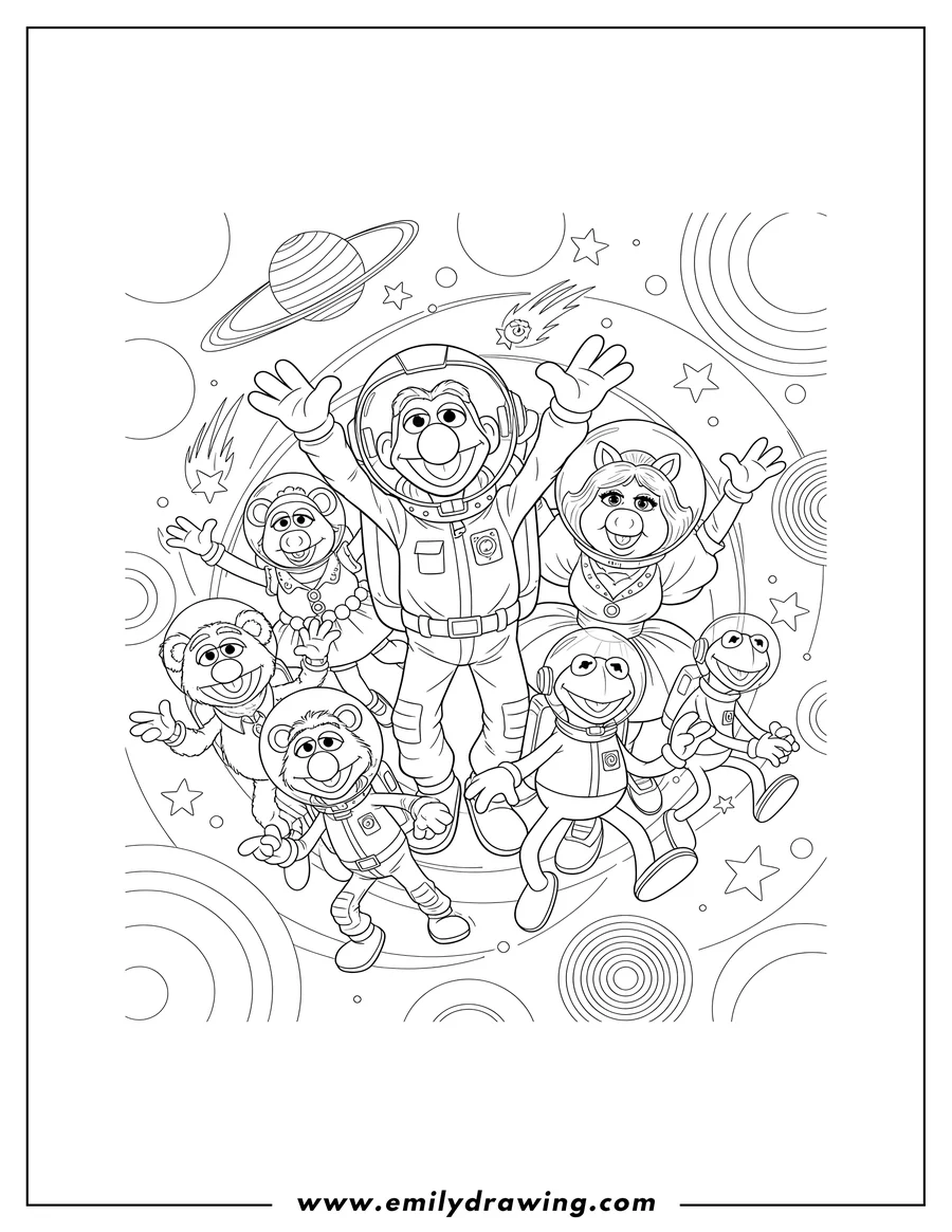 Downloadable coloring page of muppets From Space Poster, showing Gonzo, Miss Piggy, Kermit, and friends cheering excitedly